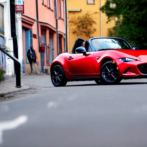 Prompt: a guinea pig driving a red mazda mx-5 on a street in Stockholm