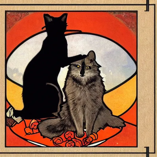 Image similar to a masterpiece painting by mucha exposed at the louvre : a black cat cuddling a racoon in a poppy field with a red sunset in the background