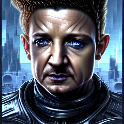 Image similar to portrait painting of a cyberpunk elven cop who looks like jeremy renner, ultra realistic, concept art, intricate details, eerie, highly detailed, photorealistic, octane render, 8 k, unreal engine. art by artgerm and greg staples and elsa beskow