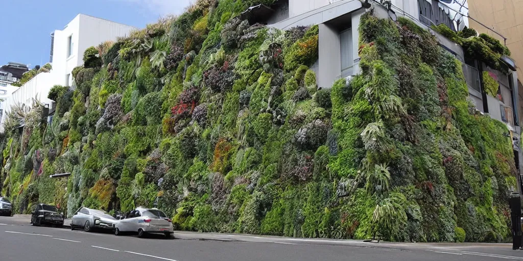 Image similar to a street in wellington, new zealand where the building walls are covered in living walls made of nz endemic plants. google street view