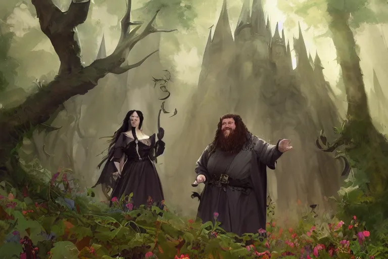 Image similar to hagrid the viking and gothic medieval morticia addams walking in enchanted forest in a sunny day, jodhpurs greg manchess painting by sargent and leyendecker, studio ghibli fantasy medium shot asymmetrical intricate elegant matte painting illustration hearthstone, by greg rutkowski by greg tocchini by james gilleard