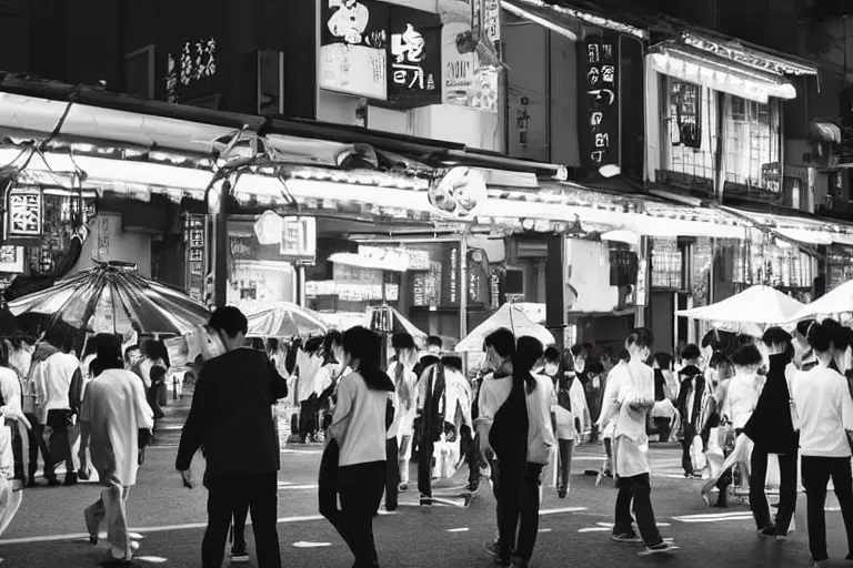 Image similar to still photo of a japanese street festival, black and white color aesthetic, highly detailed, photorealistic portrait, bright studio setting, studio lighting, crisp quality and light reflections, unreal engine 5 quality render