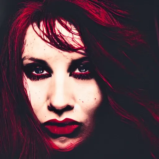 Image similar to Satan, Woman, femme fatale, beautiful, deadly, black, red, photograph, highly detailed, sharp focus,