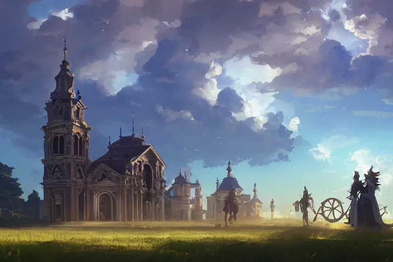 Prompt: a mobile driving ornate baroque church mounted on chaindrive, scene in an open field. key visual, conceptart, ambient lighting, highly detailed, digital painting, artstation, concept art, sharp focus, by makoto shinkai and akihiko yoshida and greg manchess
