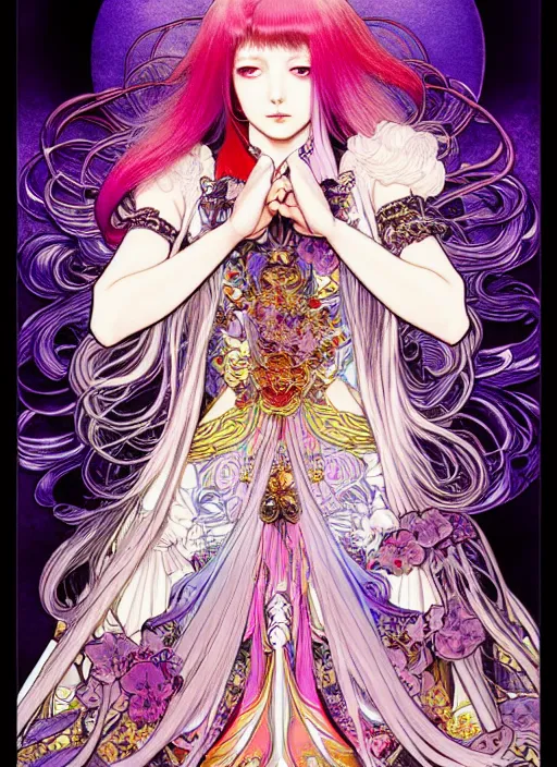 Prompt: artstation highly detailed terada katsuya fantasy bloom manga poster of girl mechine, rainbow gradient reflection, ayami kojima, long hair, armor, dress, laces, ruffles, 8 k, maximalist, alphonse mucha