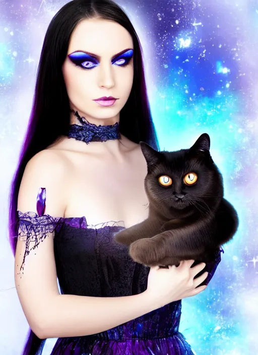 Image similar to a beautiful witch with long dark hair, large blue eyes and a very cat like eye make - up holding a wand with a very large magical gemstone at the top radiating energy.