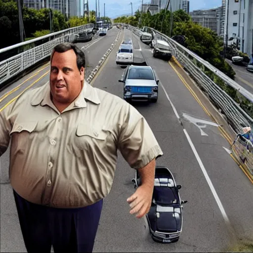 Image similar to oversized gigantic huge chris christie in a hawaiian shirt sitting on top of a bridge, blocking traffic. ap photo. bizarre, surreal photoshop. impossible proportions