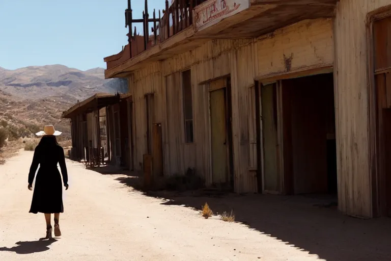 Image similar to dolores, west world, walking through an abandoned western town