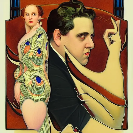 Image similar to an art nouveau streamline moderne portrait of jonah hill in the style of donato giancola and charles dulac and anna dittmann.