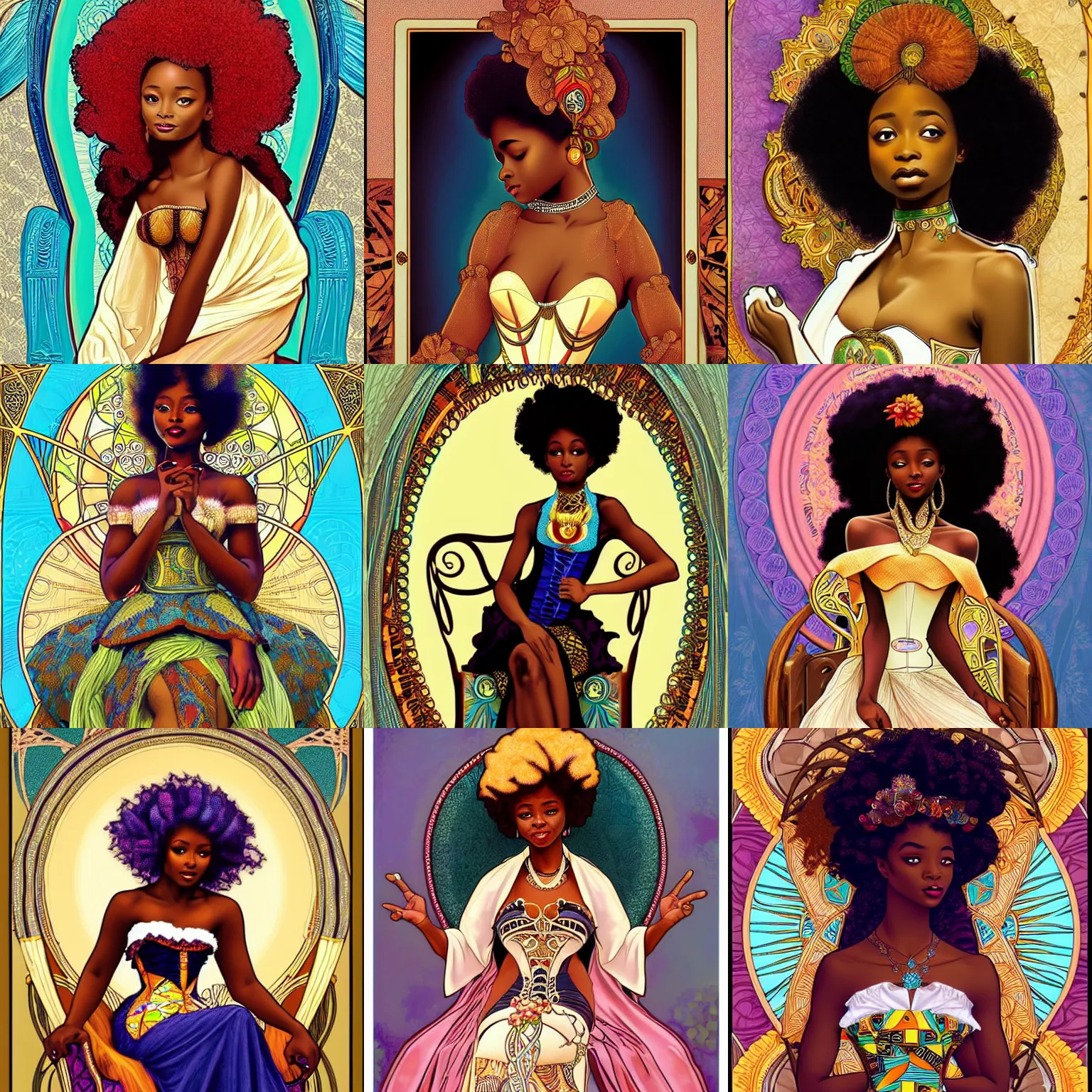 Prompt: beautiful african goddess with an afro, sitting on an royal throne, wearing corset, inspired by skai jackson, inspired by alphonse mucha and brom art