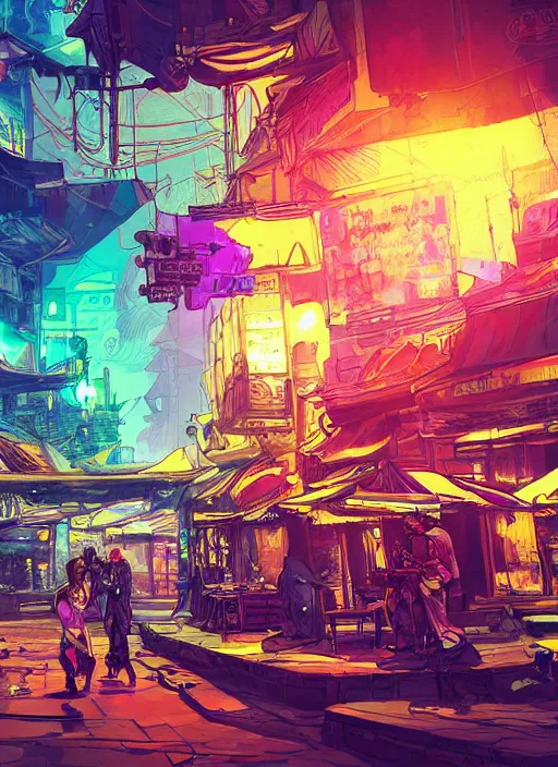 Image similar to bazaar zouk oriantal full color sky shine place mosquet painting digital illustration hdr stylized digital illustration video game icon global illumination ray tracing advanced technology that looks like it is from borderlands and by feng zhu and loish and laurie greasley, victo ngai, andreas rocha, john harris