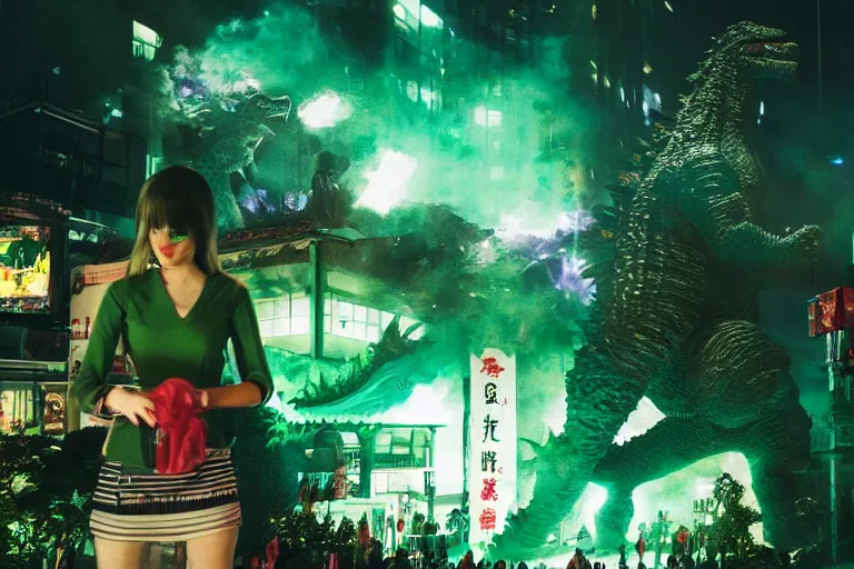 Prompt: Godzilla tea party with Barbie, plastic barbie doll, green rubber suit godzilla, by Liam Wong