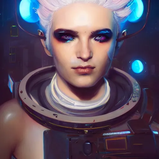 Image similar to A beautiful painting of a cyberpunk space jocky, girl with white hair fire red eyes sensual stare, Trending on artstation. augmentations and cybernetic enhancements neon circuits, greg rutkowski , hyperrealist, cinema4D, 8k highly detailed ❤️‍🔥 🔥 💀 🤖 🚀