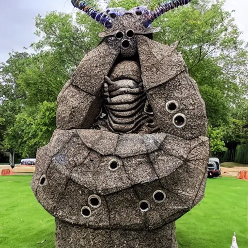 Prompt: A giant stone statue of a spider, covered by iridescent crystals