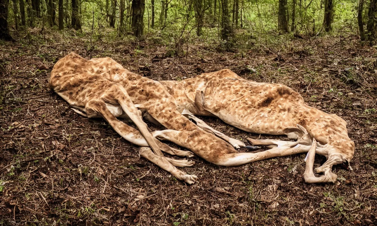 Prompt: a dead murdered girrafe lying on the floor, in an english forest, blood, guts photography, fujifilm, 3 5 mm 8 k /