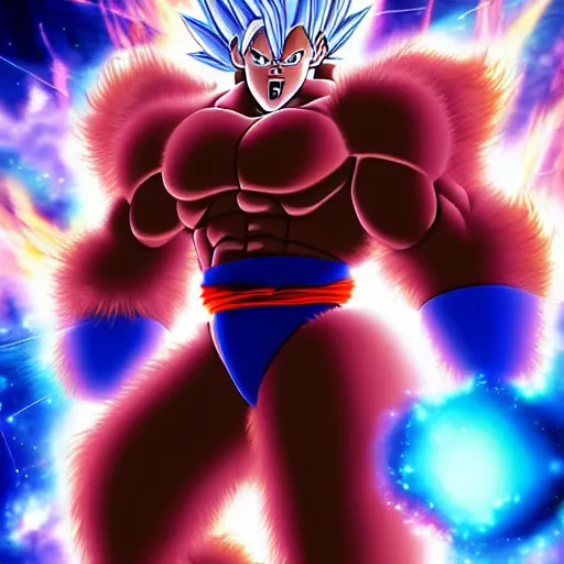 Prompt: an orangutan in dragon ball z going ultra instinct, 4 k, hyper realistic, dslr, high resolution, landscape, beautiful, anime, super saiyan, ultra instinct