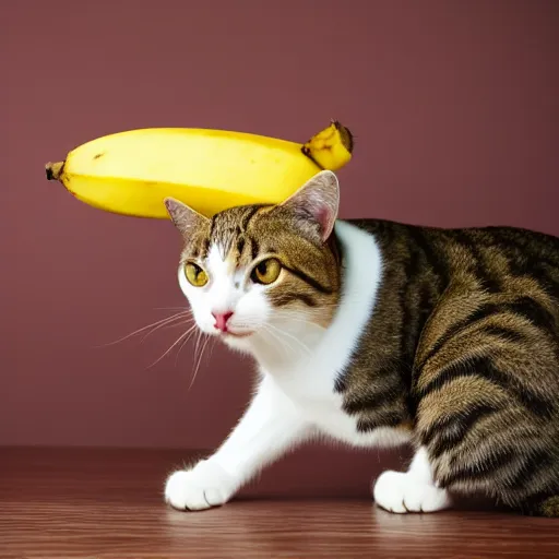 Image similar to a cat with banana on his head, professional photography