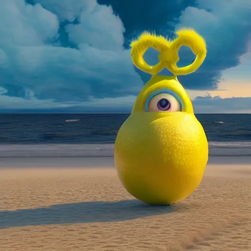 Prompt: 3 d octane render, of a hot anthropomorphic lemon female character inspired by the movie monsters inc, with lemon skin texture, she is wearing a hat, building a sandcastle on the beach at sunset, beach, huge waves, sun, clouds, long violet and green trees, rim light, cinematic photography, professional, sand, sandcastle, volumetric lightening