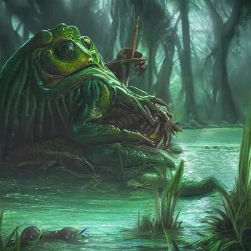 Image similar to an amphibian troll swimming in a swamp, matte painting, digital art, fantasy art, 8 k, trending on artstation, ultra detailed