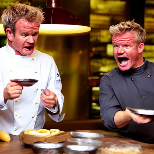 Image similar to <photo hd reaction>Gordon Ramsey in furious rage about the amount of ketchup on his plate</photo>