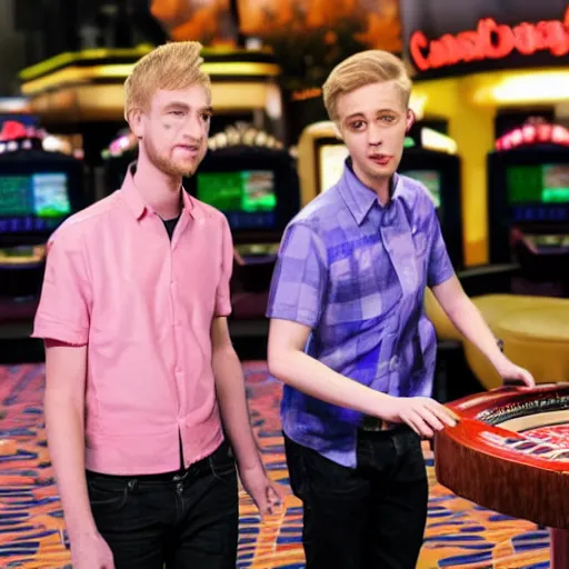 Image similar to paymoneywubby and sodapoppin in las vegas, gambling, lifelike, shot by martin scorsese