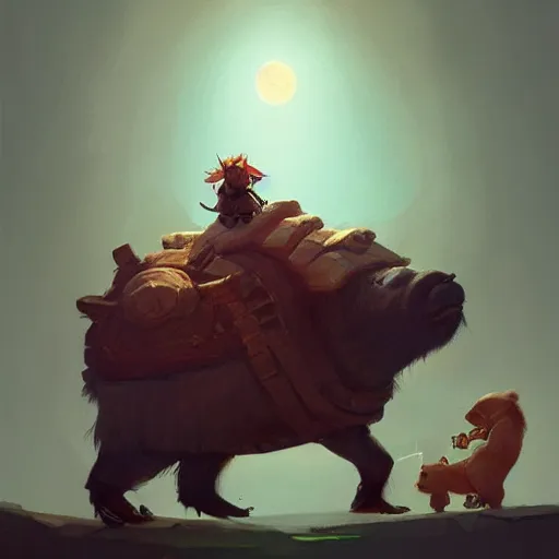 Prompt: Dwarf Riding a giant capybara carrying trinkets, camera underneath, art by World of Warcraft Art Direction and Sergey Kolesov, art station, concept art,