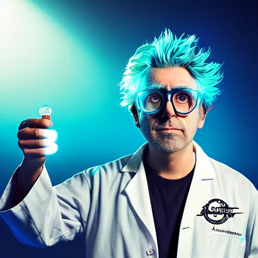 Image similar to portrait of rick sanchez, lab coat and tee shirt, lens flare, atmosphere, glow, detailed, intricate, full of colour, cinematic lighting, 4 k, hyperrealistic, focused, extreme details, cinematic, masterpiece