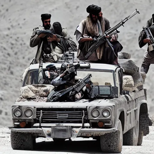 Image similar to the taliban riding on top of tow mater with mounted machineguns, photojournalism photography