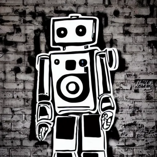 Image similar to chappie robot color graffiti, black and white zef design graffiti on the wall, dark lighting, digital art