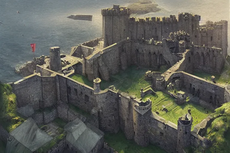 Prompt: Caernarfon Castle, aerial view, digital painting, highly detailed, art by artgerm and greg rutkowski