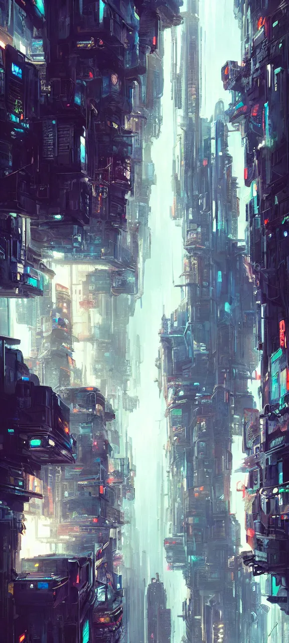 Image similar to A painting of a Vertical Cyberpunk City trending on artstation in the style of Greg Rutkowski