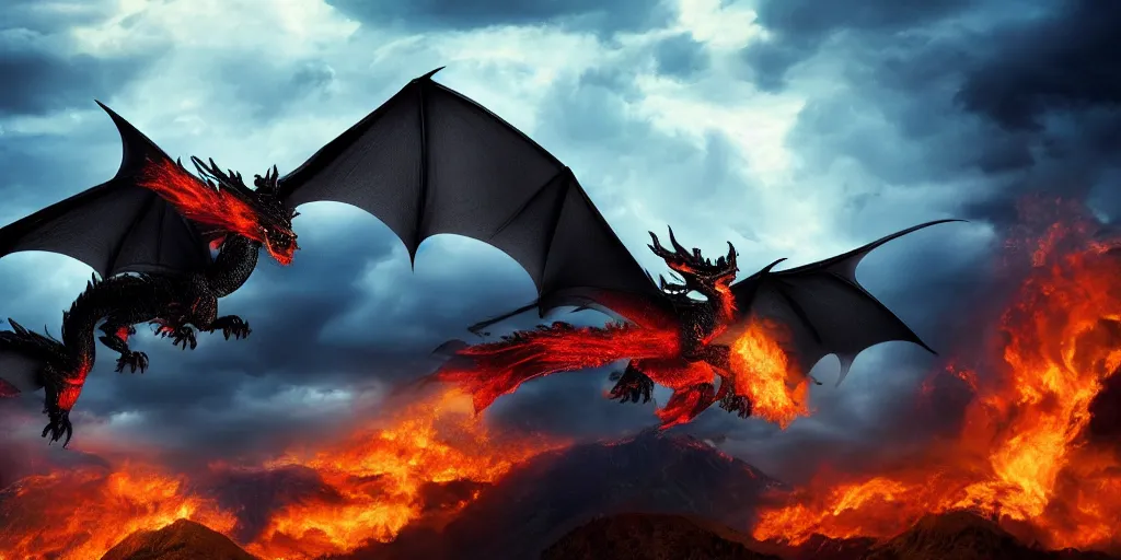 Image similar to a powerful flying black fire Dragon spitting fire in the foreground, big Mountains and wide forrests with trees are in the Background, stormy weather at night ,cinematic Style, hyperrealistic