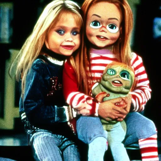 Image similar to the olsen twins from full house holding chucky the evil killer doll from the movie child's play on an episode of full house