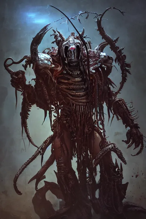 Image similar to witch - doctor, alien vs. predator, predator, horror, holding electricity, world of warcraft, diablo, ruan jia and heng z and wlop. graffiti art, scifi, fantasy, hyper detailed, octane render, concept art,