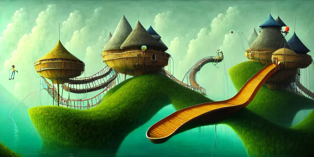 Prompt: gediminas pranckevicius waterpark painting by cinematic lighting, epic composition, highly detailed, infinite patch, fun, happy, ride, very long, endeless