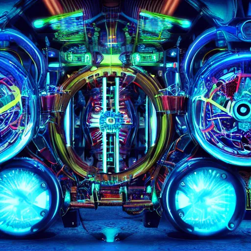 Prompt: album art, the album is called tripmachine, trance music, a huge steampunk mechanic machine made of loudspeakers and music intruments, with many gears and tubes and wires,, 8 k, fluorescent colors, halluzinogenic, multicolored, blue neon accents, exaggerated detailed, front shot, 3 d render, octane