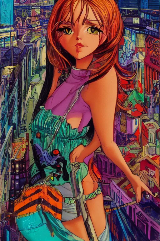 Image similar to portrait of an attractive young female protagonist, center focus, in city street, surreal, colorful, detailed artwork by ralph bakshi