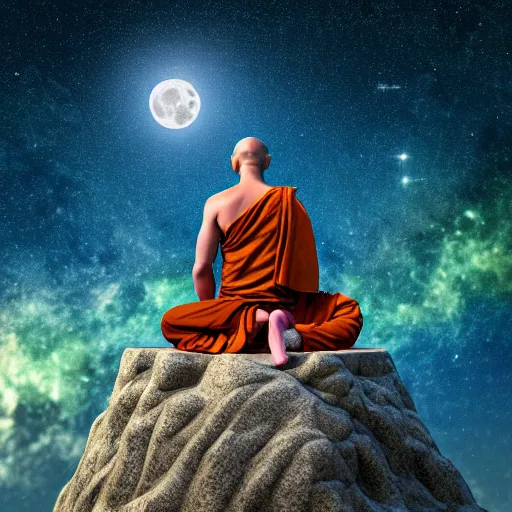 Prompt: high definition render of a monk on top of a mountain, alex gray, wes wilson, alton kelley, full moon, milky way, galaxy, buddhism, 8 k, intricate, raytracing, cinematic