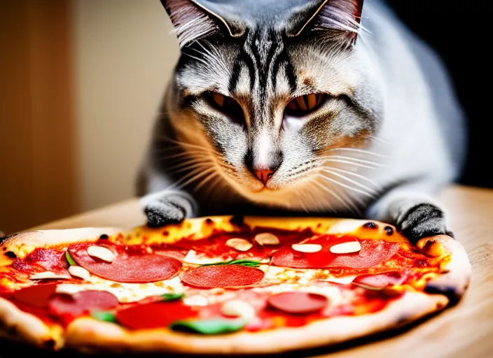 Image similar to photo of a very fat cat eating pizza. nikon d 8 5 0 5 5 mm. dof. cinematic postprocessing.