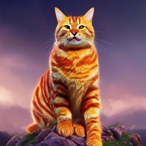 Image similar to colossal orange viking royal king tabby cat, golden hour, fantasy, vivid colors, sharp focus, digital art, hyper - realistic, 4 k, unreal engine, highly detailed, hd, dramatic lighting by brom, trending on artstation