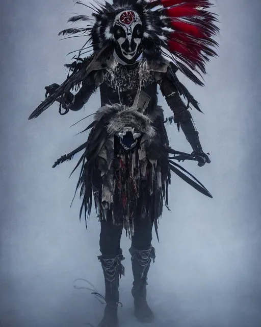 Image similar to the ghost - spirit of the grim - warpaint wears the scarlet skull armor and native blood headdress feathers, midnight fog - mist!, dark oil painting colors, realism, cinematic lighting, various refining methods, micro macro autofocus, ultra definition, award winning photo