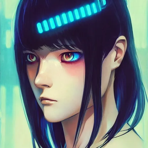 Prompt: A beautiful cyborg woman with glowing eyes || VERY ANIME, fine-face, realistic shaded perfect face, fine details. Anime. realistic shaded lighting poster by Ilya Kuvshinov katsuhiro otomo ghost-in-the-shell, magali villeneuve, artgerm, Jeremy Lipkin and Michael Garmash, Rob Rey and Kentarõ Miura, trending on art station