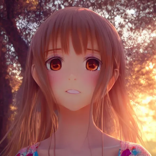 Image similar to Render of a very beautiful 3d anime girl, long hair, hazel eyes, cute freckles, full round face, short smile, cute sundress, golden hour, forest setting, medium shot, mid-shot, highly detailed, trending on Artstation, Unreal Engine 4k