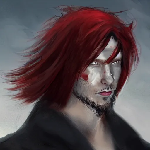 Image similar to A man with red hair parted in the middle in a surfer's cut, straight hair down to the ear. His left eye has three diagonal wounds, but the eye is open. He wears a black cloak with a collar. painted fantasy character portrait, head shot, concept art, sharp focus, highly detailed, illustration, trending on artstation, art by greg rutkowski