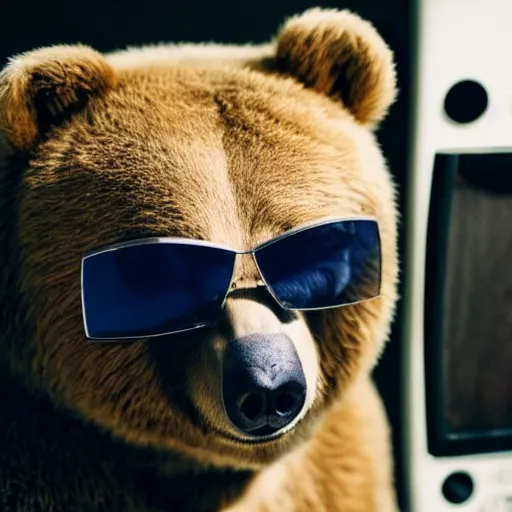 Prompt: photo of a cool bear wearing sunglasses being interviewed on the radio. the background is a dark carpet hanging on the wall.