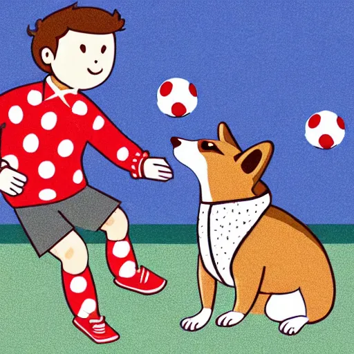 Image similar to illustration of french boy in paris playing football against a corgi who is wearing a polka dot scarf