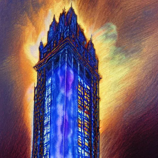 Image similar to tall building on fire with blue flames, extreme detail, abstract realism, highly ornate intricate details, 1 9 2 0's colored pencil, 4 k, cinematic lighting,