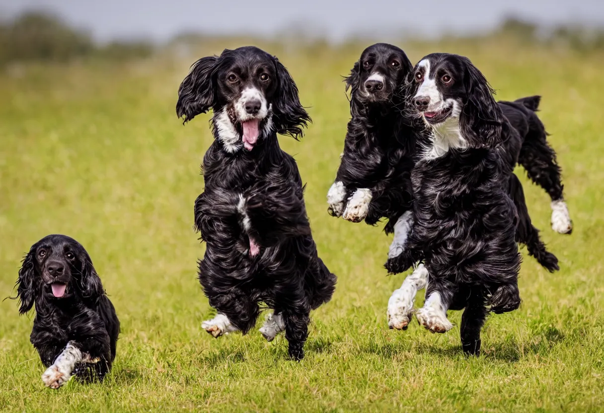 Prompt: Two spaniel dogs, one is black spaniel dog with white hair chest and one brown spaniel dog white hair chest running in a meadow low angle realism epic background 4k