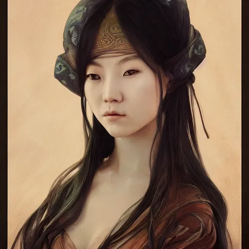 Prompt: A portrait of A Chinese woman with long hair by Ross Tran!!! and alphonse mucha and greg rutkowski! and gustav doré! and Zdzisław Beksiński!,In style of digital art illustration.Symmetry.Highly detailed face.Fantasy,smooth,hyper detailed,sharp focus,Soft light.trending on artstation.