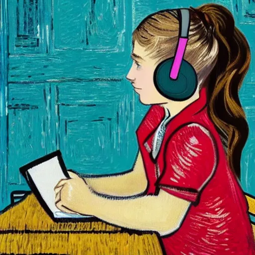 Prompt: Sideview of a girl sitting at her desk wearing headphones in front of a big window, in the style of a Van Gogh Painting